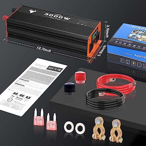 3000 Watt Power Inverter, Car/Home 12V DC to 110V AC Converter, with LED Display, Dual AC Outlets, USB Port, Dual Smart Fans, Cables Included