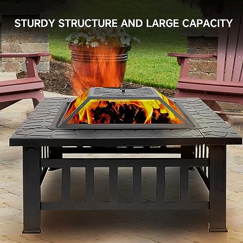 30" Fire Pit Table with Marble Tile Top, Fire Pit with Spark Screen Lid, Fire Grate, Waterproof Cover, and Fire Poker for Outside Patio, Yard Party
