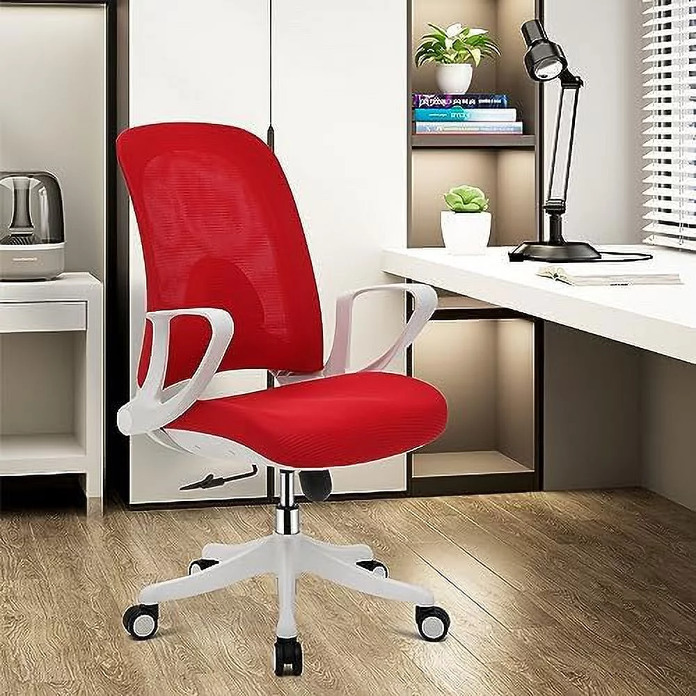 Office Desk Chair Mid-Back Mesh Swivel Chairs  Ergonomic Office Computer Chair with Flip-Up Arms  Red