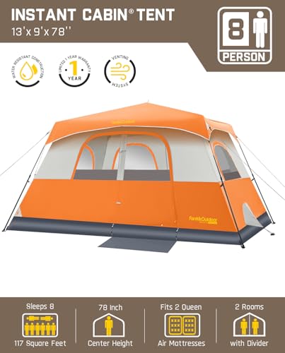 FanttikOutdoor Camping Tent 4/6/8/10 Person Instant Cabin Tent Setup in 60 Seconds with Rainfly & Windproof Portable with Carry Bag for Family
