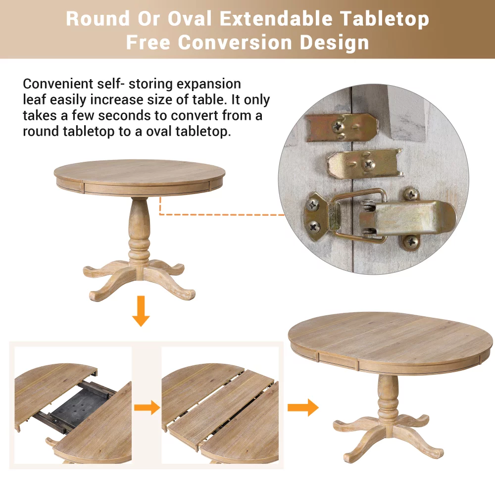 5-Piece Dining Table and Chairs Set for 4 Persons, Solid Wood Round Table with 4 Chairs for Apartment Kitchen Dining Room