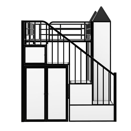 Full-Over-Full Castle Style Bunk Bed with 2 Drawers and 3 Shelves, Wood Bunk Bed Frame with Slide and Storage Staircase for Kids Teens Boys Girls