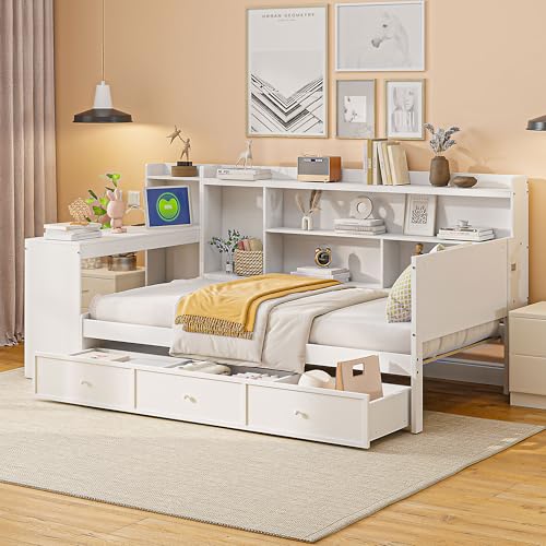 Bellemave Twin Corner Bed Frame with Storage Shelves and Desk, Wood Twin Size Daybed with Bookcase and Drawers and Storage, Gray