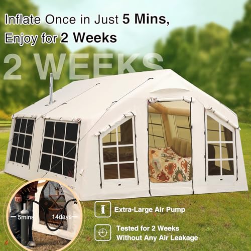 2025 Upgraded Waterproof Inflatable Camping Tent, Large Blow-Up Air Tent, No Assembly Needed Luxury Glamping House, Oxford Fabric
