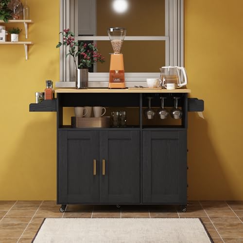 Rolling Mobile Kitchen Island Cart with Desktop Drop Leaf Countertop, Island Table Storage with 5 Wheels