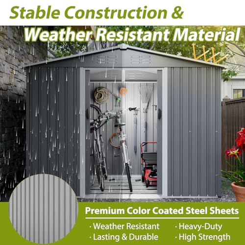 6x4 ft Small Outdoor Metal Storage Shed with Floor Frame & Lockable Door, Heightened Entry Garden Tool Shed for Backyard, Durable Galvanized Steel