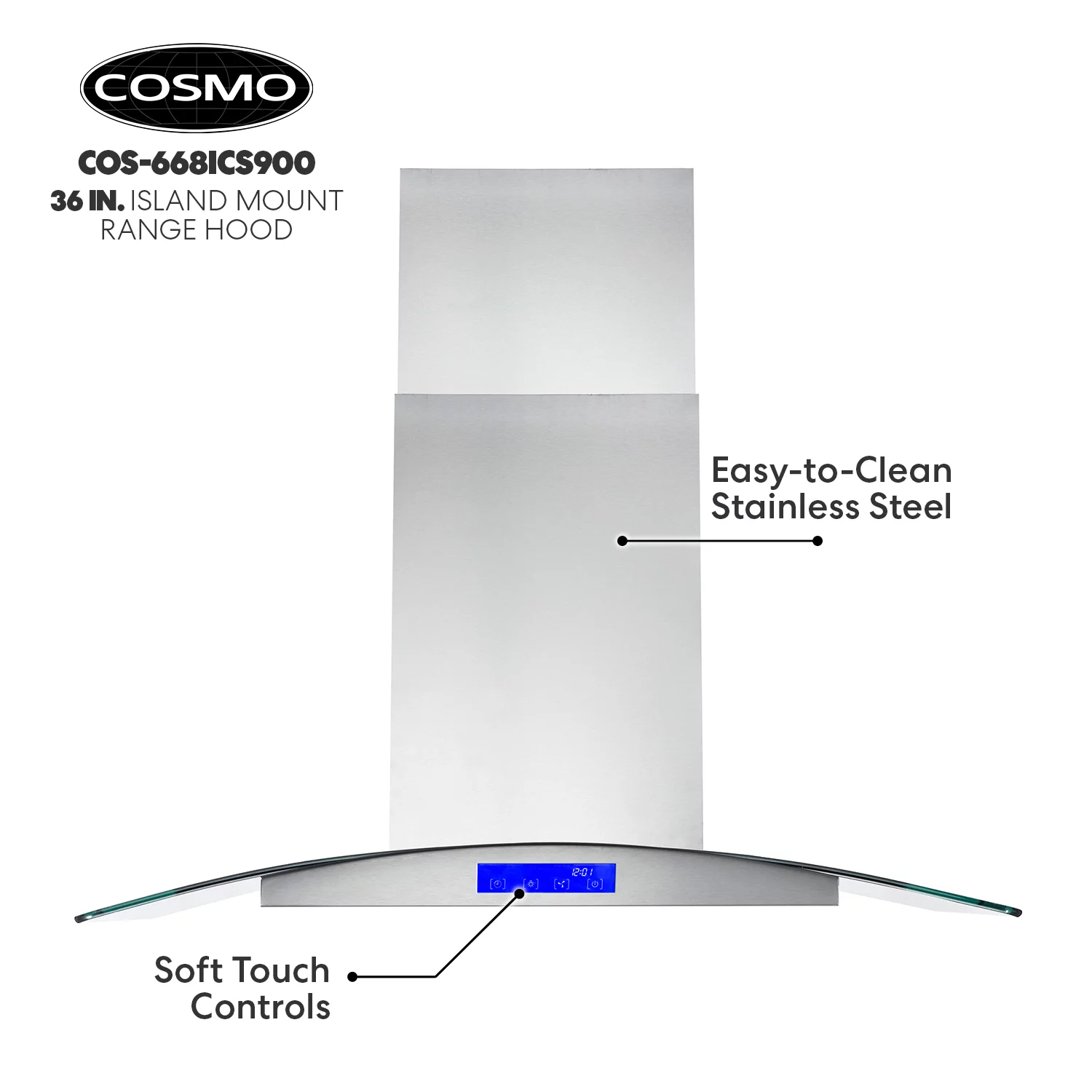 Cosmo 36 in. Ducted Island Range Hood in Stainless Steel with LED Lighting and Permanent Filters