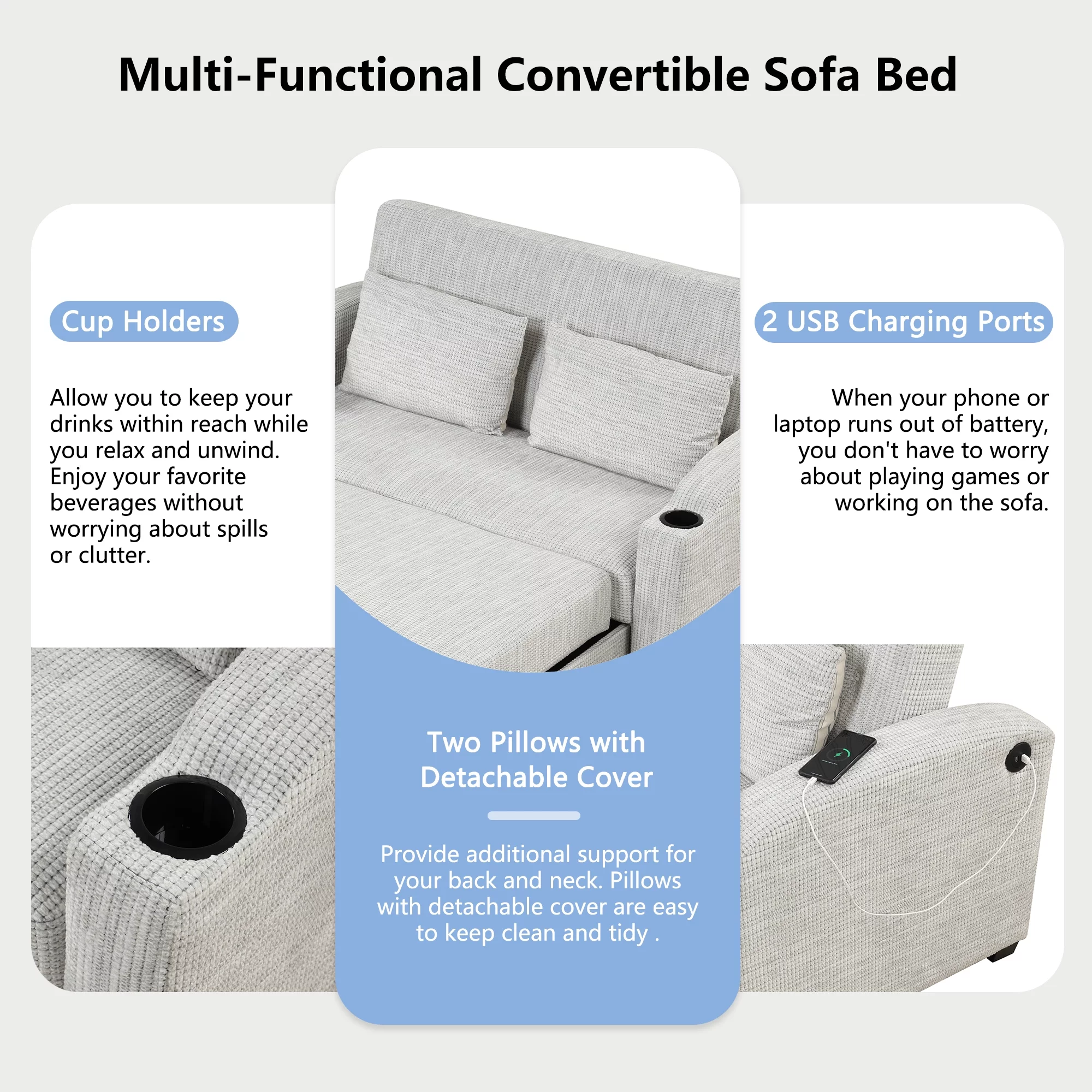 65" Pull Out Sofa Bed Modern Chenille Convertible Loveseat Sofa with Adjsutable Backrest, 2 Pillows, Cup Holders, USB Ports for Living Room