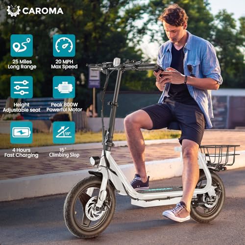 Caroma Peak 500W/800w/1200w Electric Scooters for Adults 14" Tire, 48V Battery, 30Miles Range, 20MPH Top Speed, Adjustable Electric Scooter with Seat