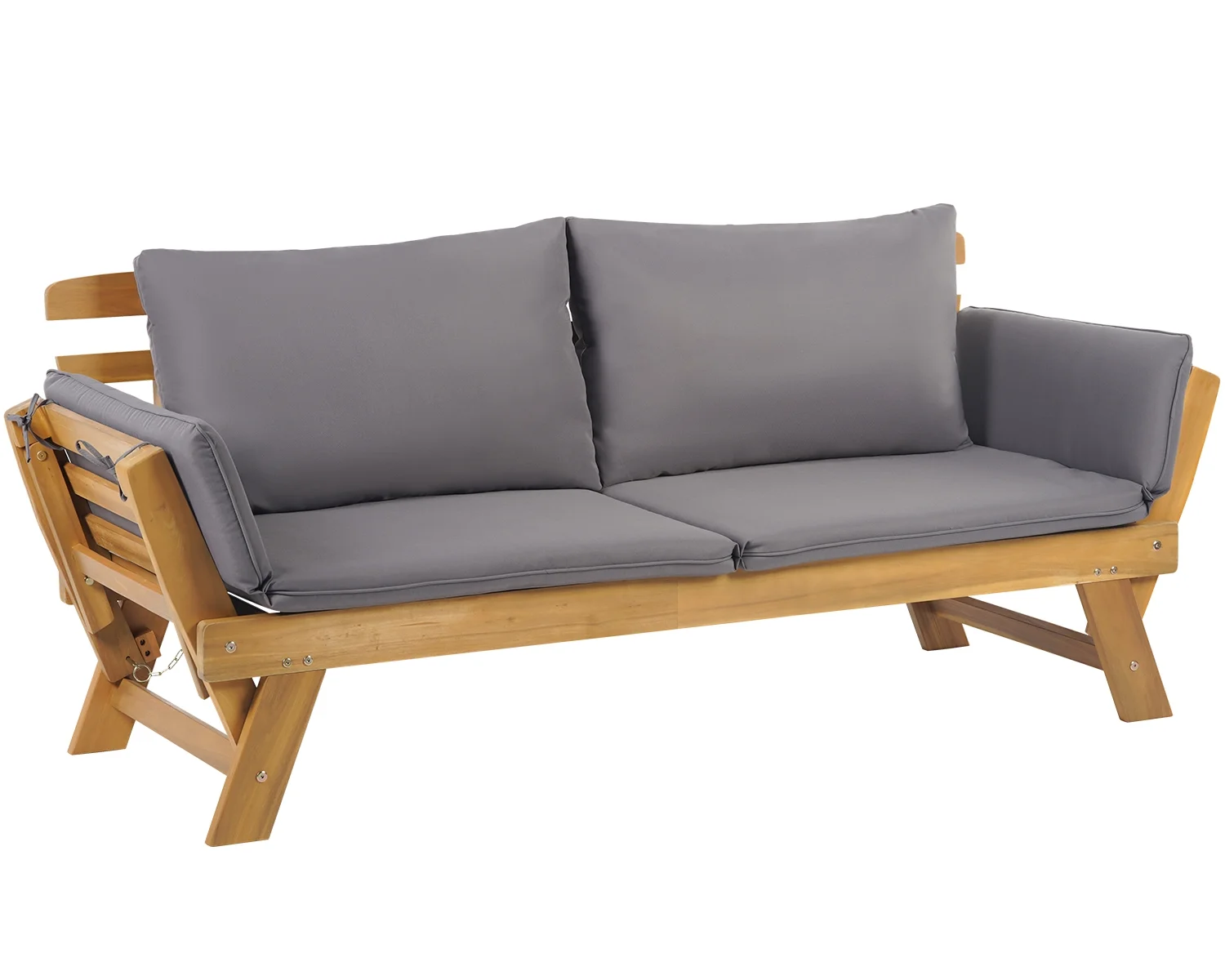 FDW Outdoor Couch Patio Couch Daybed with Adjustable Armrest, Wooden Loveseat with Cushion and Pillow, and Expandable Plate （Gray）