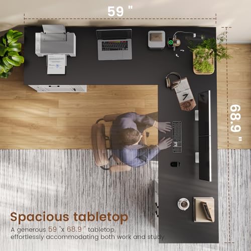 Itaar Farmhouse Executive L Shaped Desk, Home Office Desk with File Drawer and Power Outlet, Computer Corner Desk with Drawers and Storage Cabinet