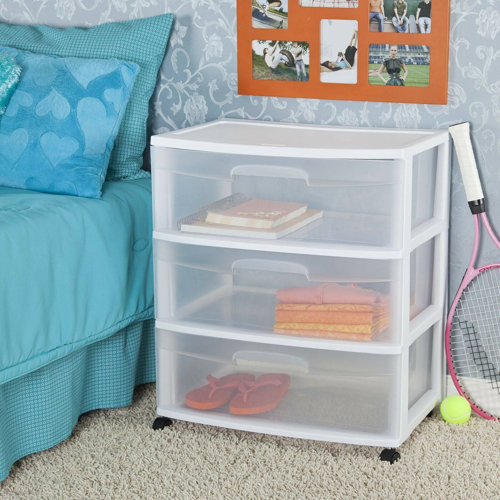 Sterilite 29308001 Wide 3 Drawer Cart, White Frame with Clear Drawers and Black