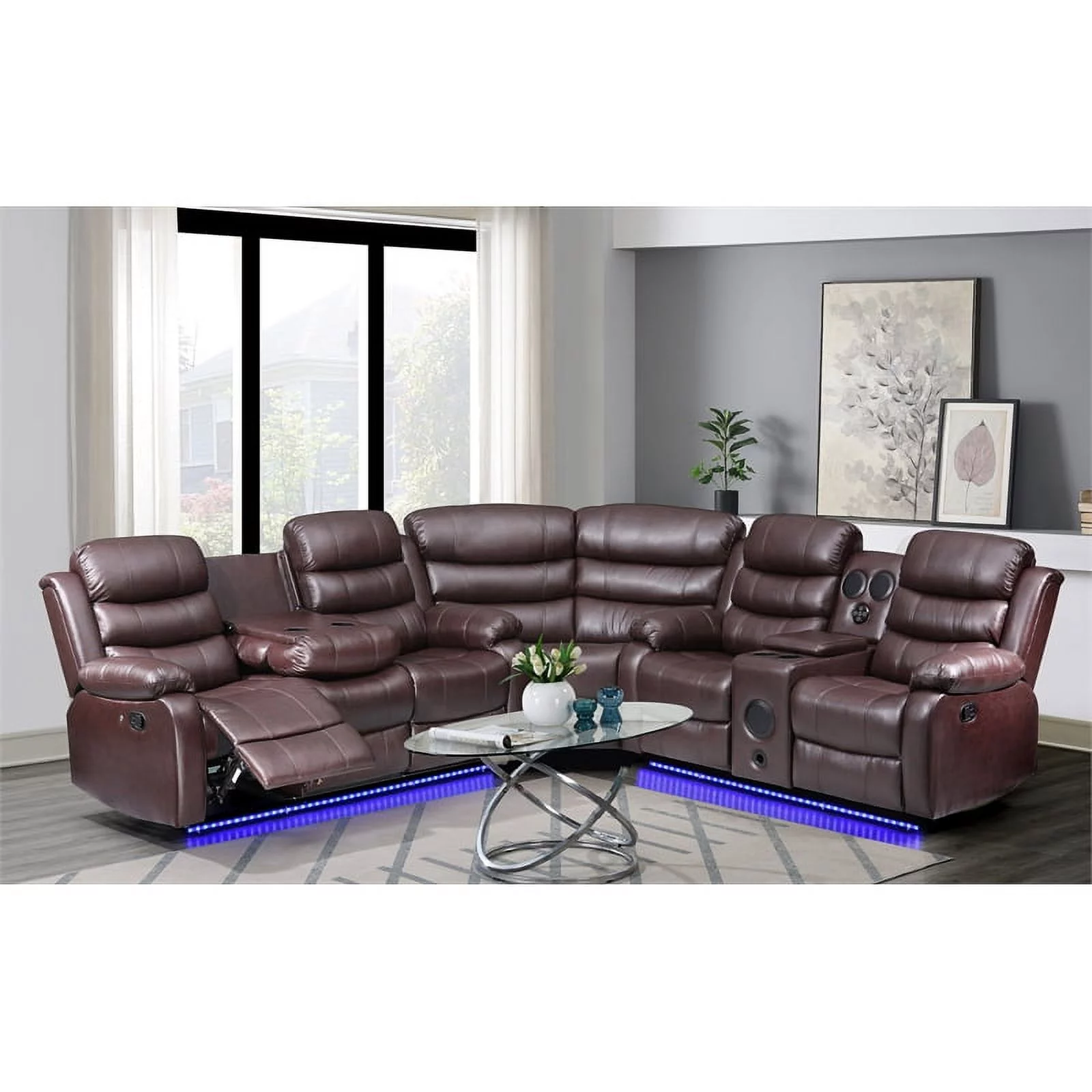 Donivi LED Faux Leather Reclining Sectional in Brown