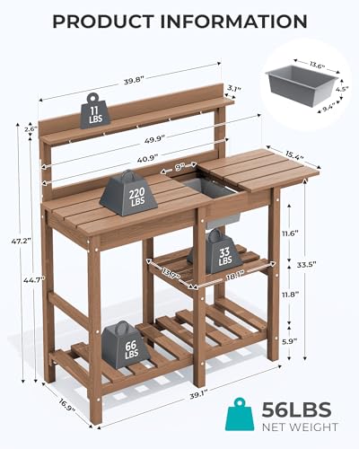 SERWALL Potting Bench Outdoor Potting Table with Sink, HDPE Potting Benches for Outside Gardening Table All Weather Use- Black