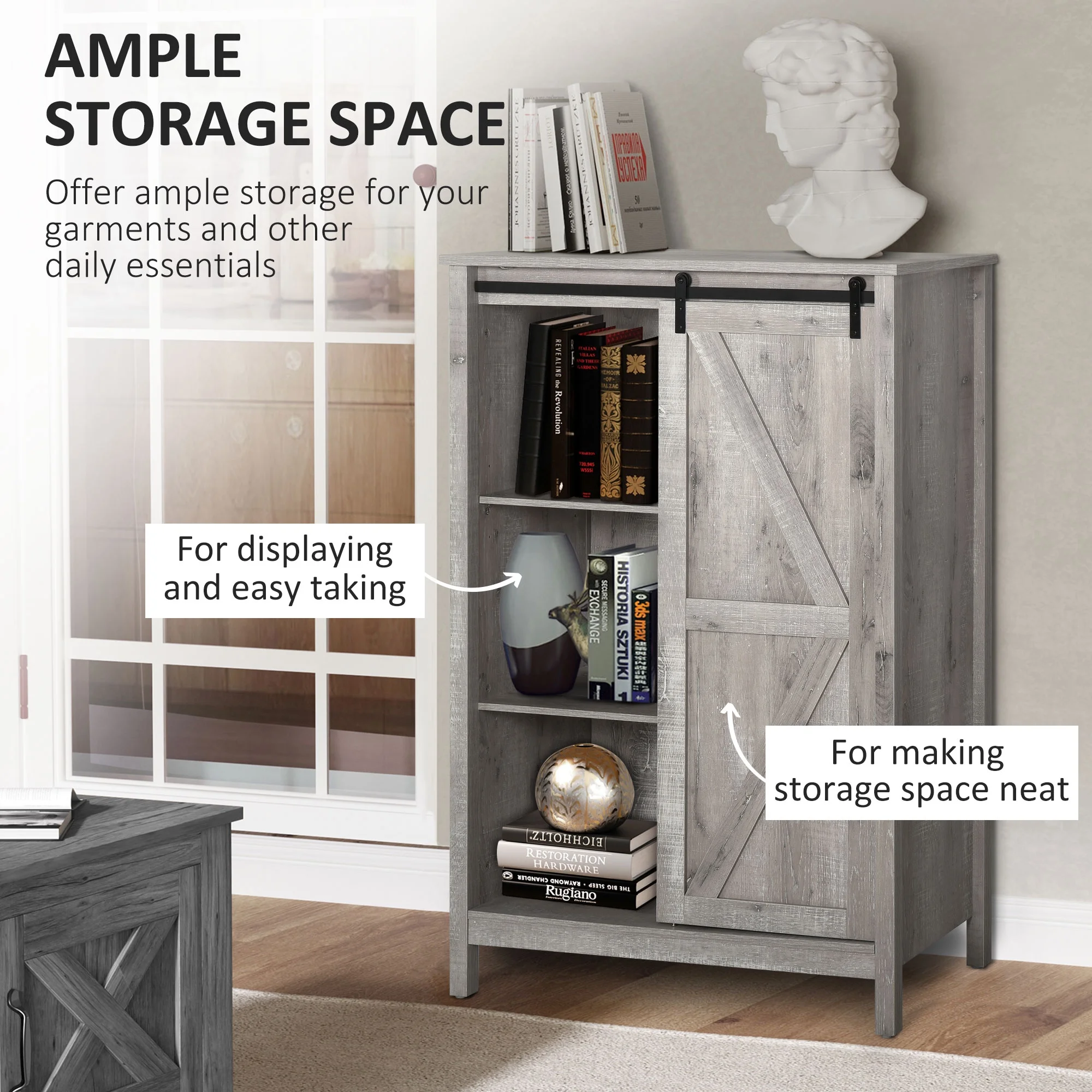 HOMCOM Farmhouse Accent Cabinet, Kitchen Cupboard Storage Cabinet with Barn Door and Adjustable Shelf, Grey Oak