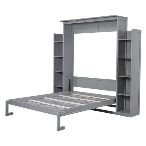 Harper & Bright Designs Queen Size Murphy Bed Wall Bed with Storage Shelves and LED Lights, Space-Saving for Multipurpose Guest Room or Home Office