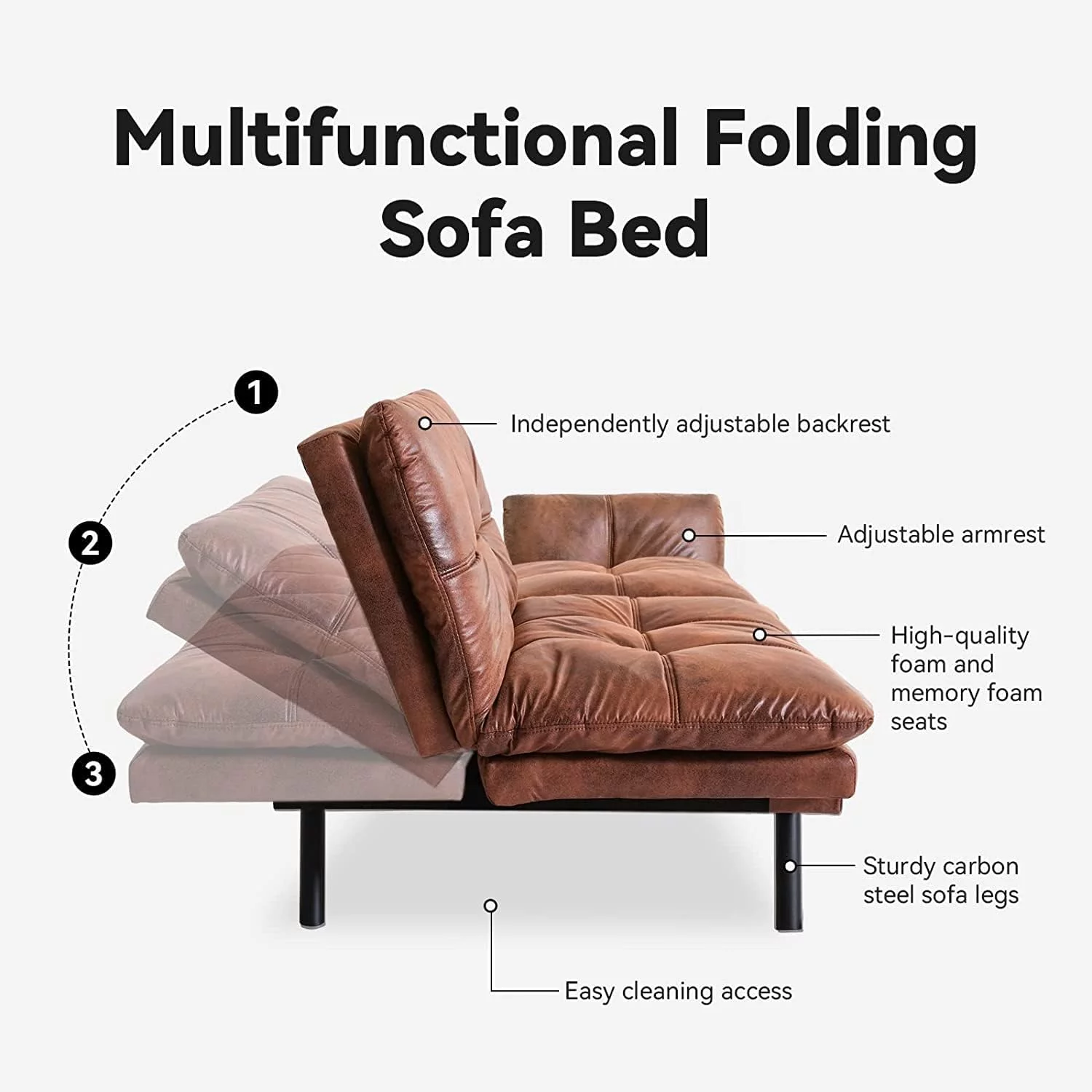 HESTINYSU 70.5'' Upholstered PU Leather Sofa, Memory Foam Futon Couch Bed, Modern Folding Sleeper Sofa,Brown