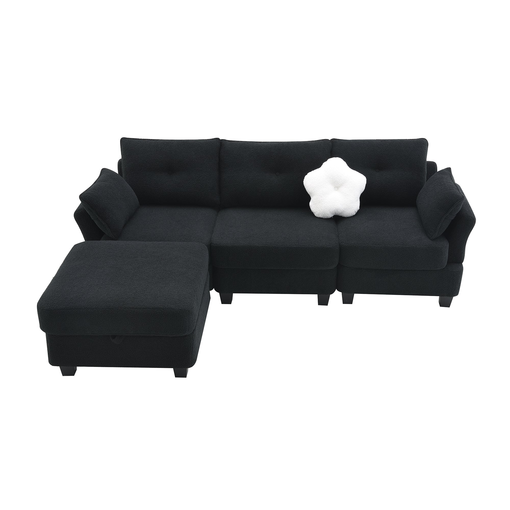Fayen Velvet Sectional Sofa with Storage Ottoman - Black