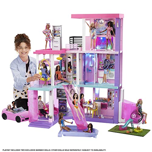 Barbie 60th Celebration DreamHouse Doll House Playset (3.75-feet) with 2 Exclusive Dolls, Car, Pool, Slide, Elevator, Lights & Sounds