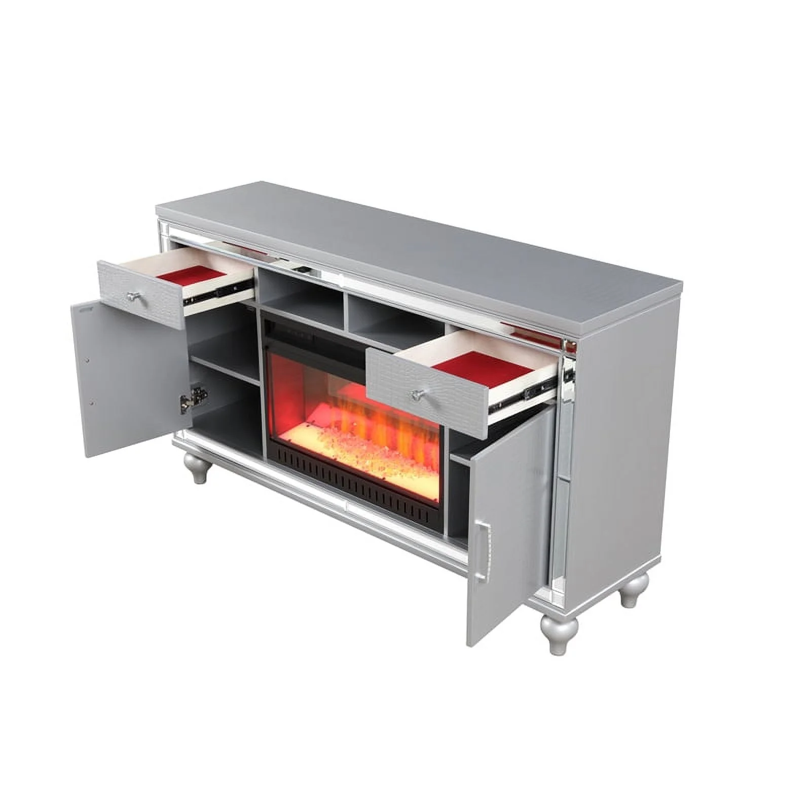 Galaxy Home Furnishings Sterling Solid Wood TV Stand With Electric Fireplace in Silver