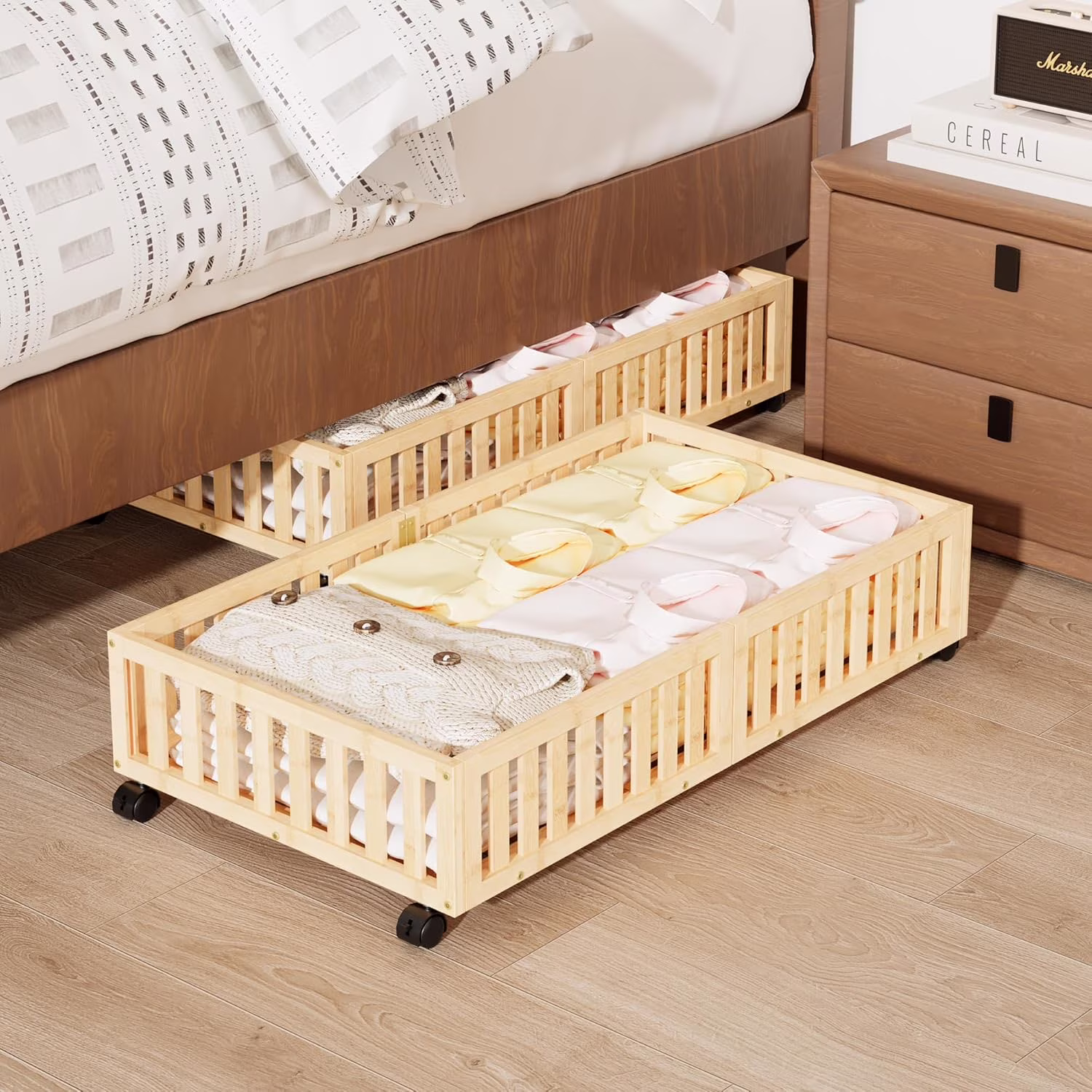 Bamboo Under Bed Storage with Wheels (2-Pack) – Rolling Underbed Shoe Organizer Box for Shoes, Blankets, Toys