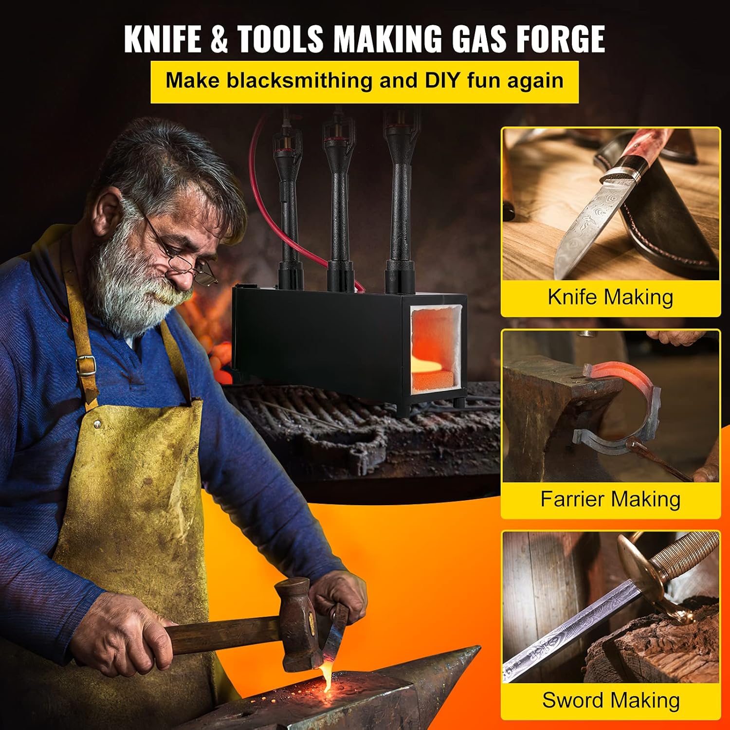 VEVOR Propane Knife Forge, Blacksmithing Forge with Three Burners, Portable Propane Forge with Single Durable Door, Large Capacity Farrier Forge