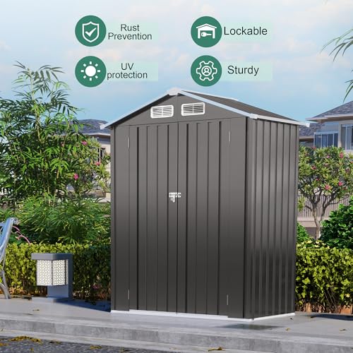 5x3x6FT Outdoor Storage Shed, Galvanized Steel Garden Shed with Lockable Door & Window, Waterproof Metal Tool Storage for Garden, Backyard, Patio
