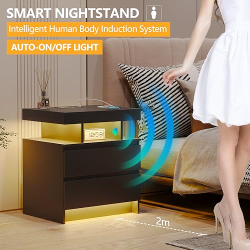 dnbss Nightstand with Wired/Wireless Charging Station, Auto LED Lighting Bedside Tables with Drawers