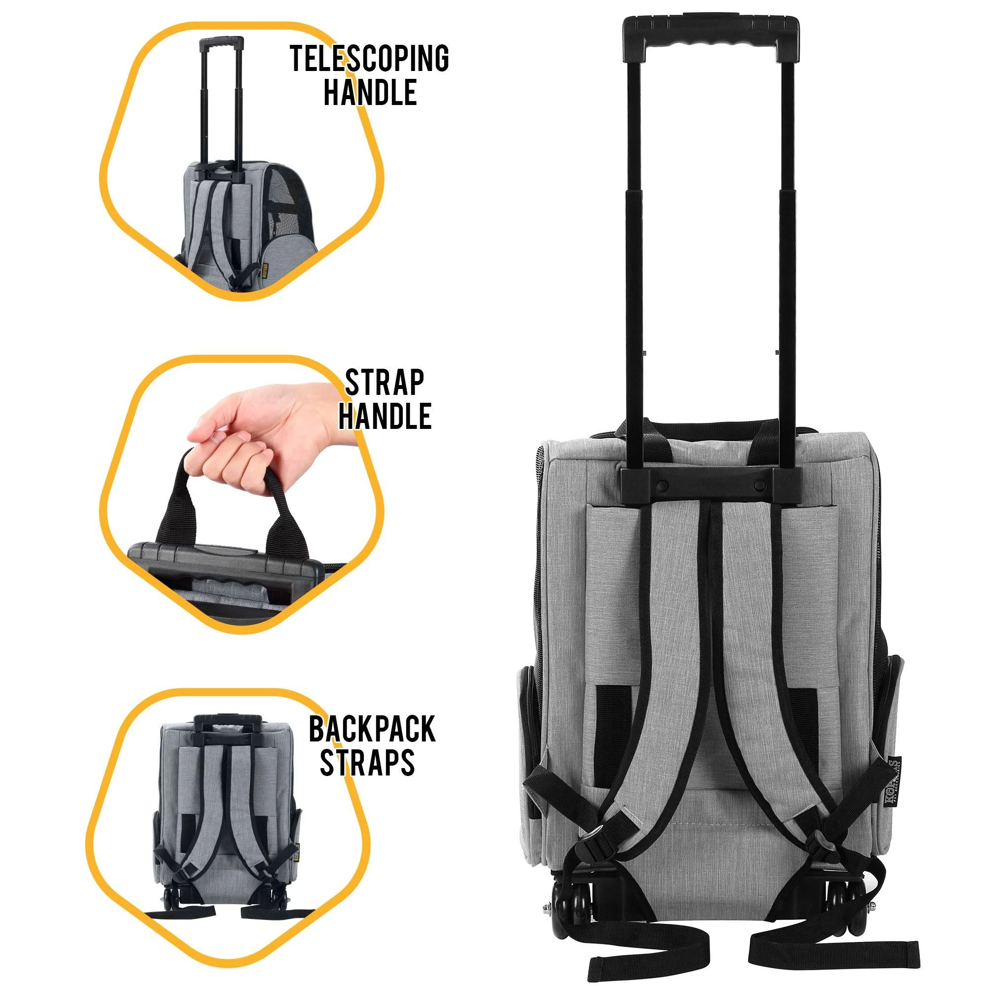 Kopeks Pet Dog Travel Carrier Backpack Deluxe with Wheels Approved by Most Airlines - Heather Grey