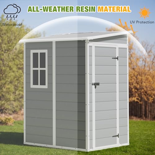 Greesum 5' x 4' Resin Weather Resistant Outdoor Storage Shed with Floor for Garden,Backyard,Pool Tool, Light Grey