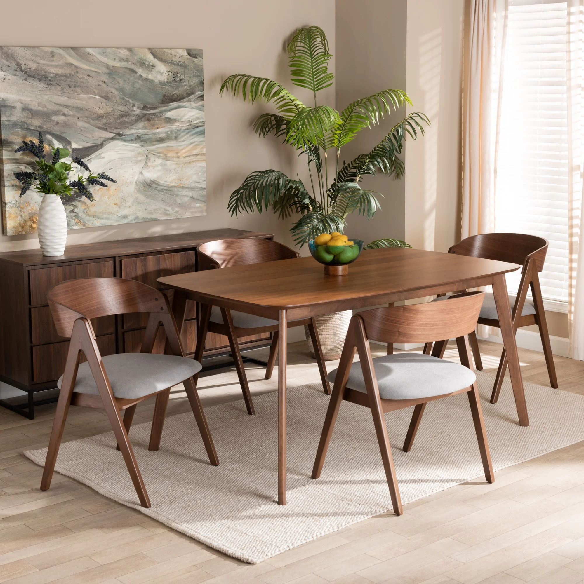 Baxton Studio Danton Mid-Century Modern Grey Fabric Upholstered and Walnut Brown Finished Wood 5-Piece Dining Set