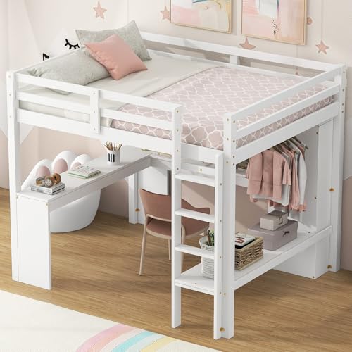 SOFTSEA Full Size Loft Bed with Desk & Wardrobe, Wood Loft Bunk Bed with Storage Shelves and Cabinets