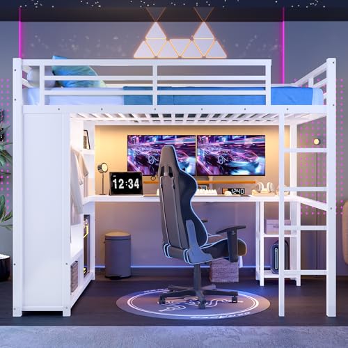 Bellemave Queen Size loft Bed with L Desk, Wardrobe, Metal Queen Loft Bed Frame for Adults, Kids, Teens, Black