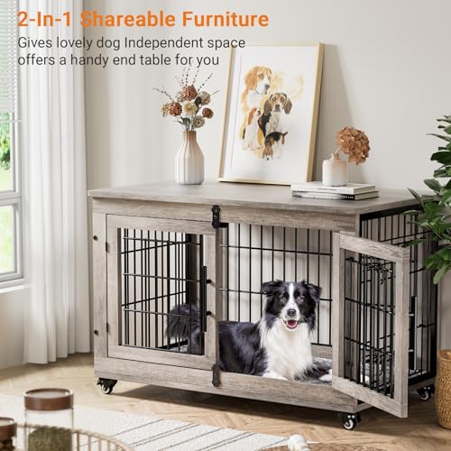 Lulive Dog Crate Furniture for Medium Dogs, 32'' Dog Kennel Indoor with Cushion & Wheels Wooden Dog Cage Double Doors Dog Crate End Table, Grey