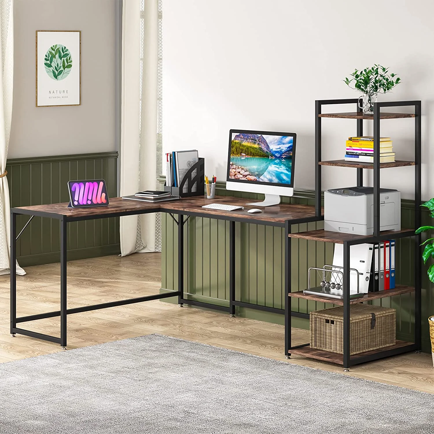 HJZBNONE 79 Inch Reversible L-Shaped Desk  Industrial Large Corner Desk with 5 Tier  Shelves  Large L Desk Home Office Desk Computer Table Writing