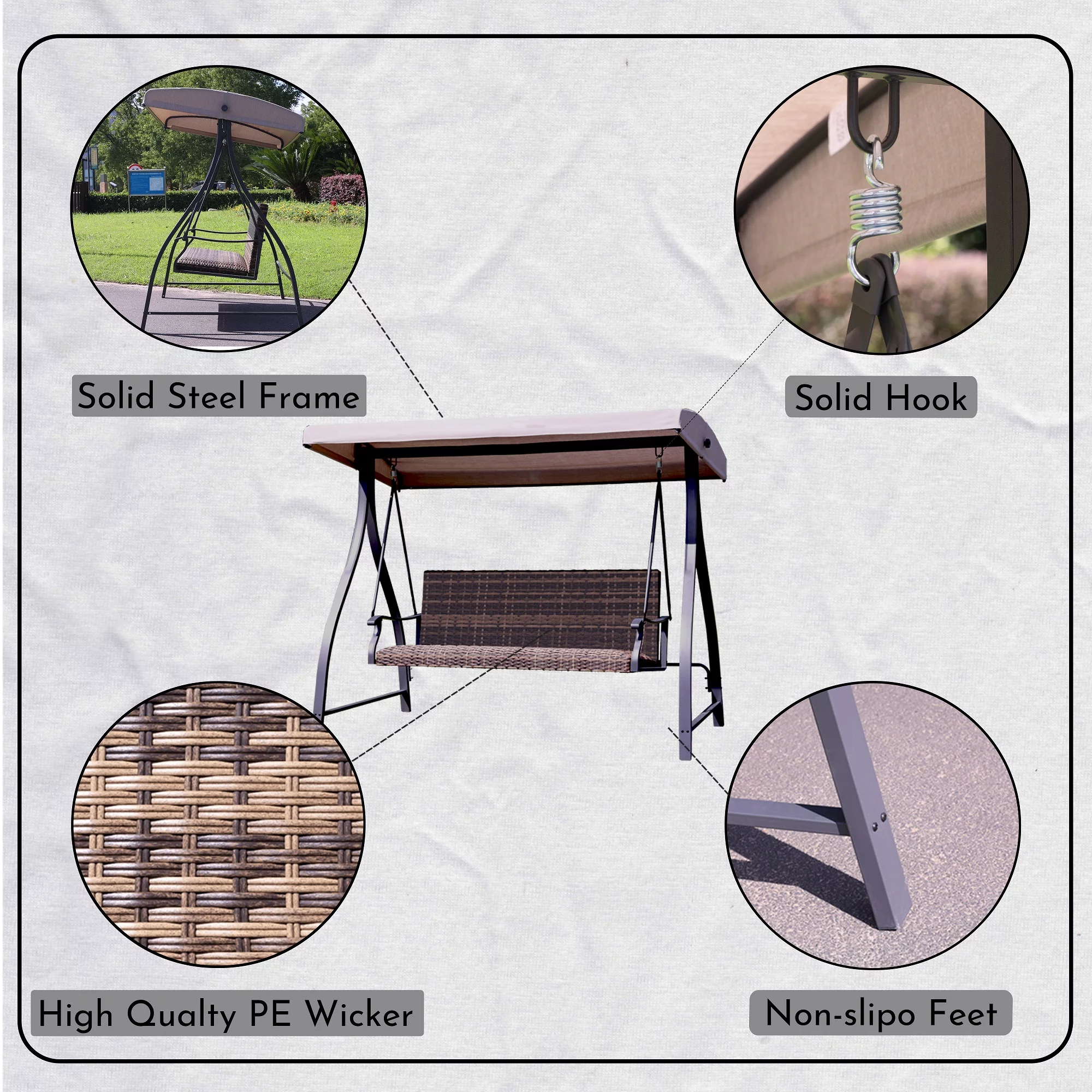 Aoodor-3-Seat Outdoor Rattan Patio Swing with Adjustable Brown Canopy, Built-in Quick-drying Foam Seat, Rattan Wicker, Rust-resistant Iron Frame