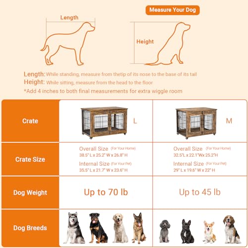 Lulive Dog Crate Furniture for Medium Dogs, 32'' Dog Kennel Indoor with Cushion & Wheels Wooden Dog Cage Double Doors Dog Crate End Table, Grey
