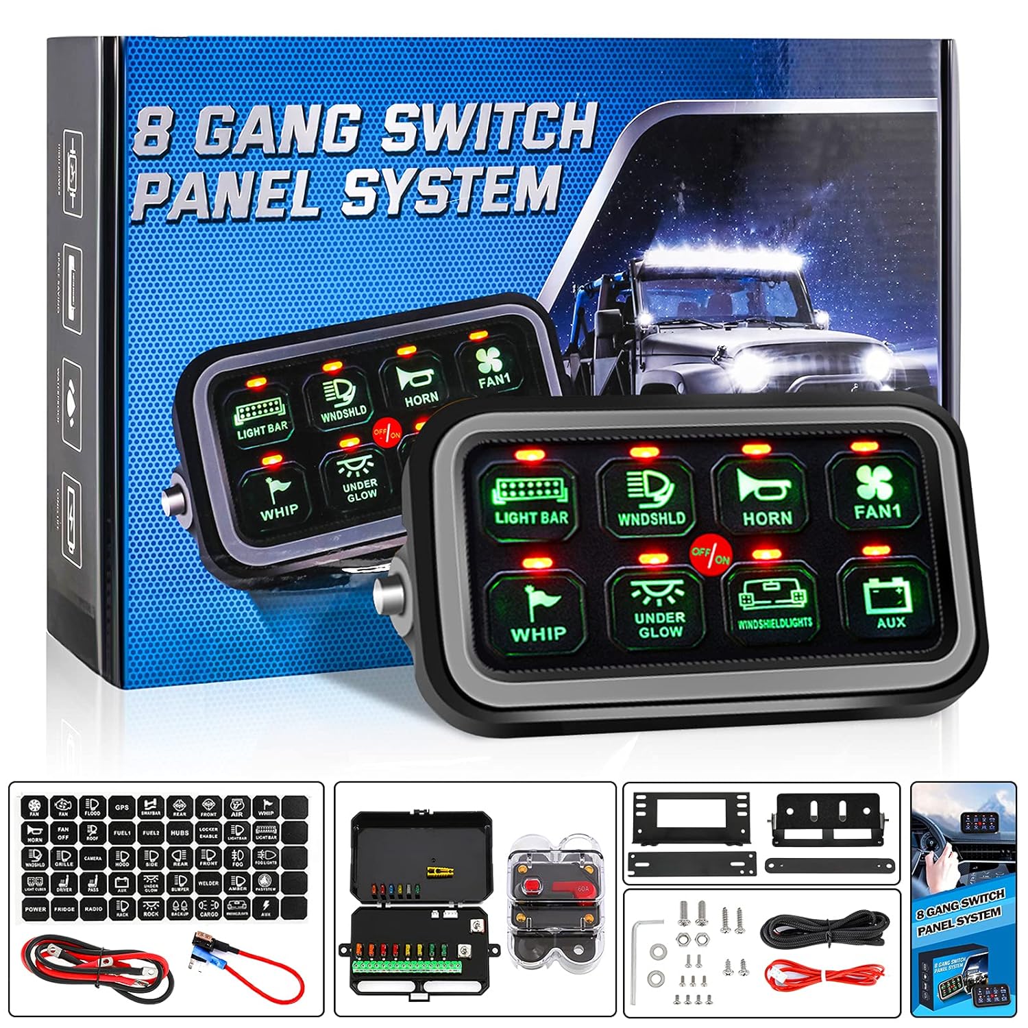 Auxpower 8 Gang Switch Panel Built-in Solid State Relay, Auxiliary Switch Panel for Jeep Truck Car Offroad SUV UTV Caravan, Automatic Dimmable
