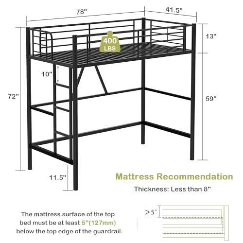 VECELO Loft Bed Twin Size, Metal Bedframe with Removable Ladder and Safety Guardrail, No Box Spring Needed, Space Saving, Noise Free, Pink