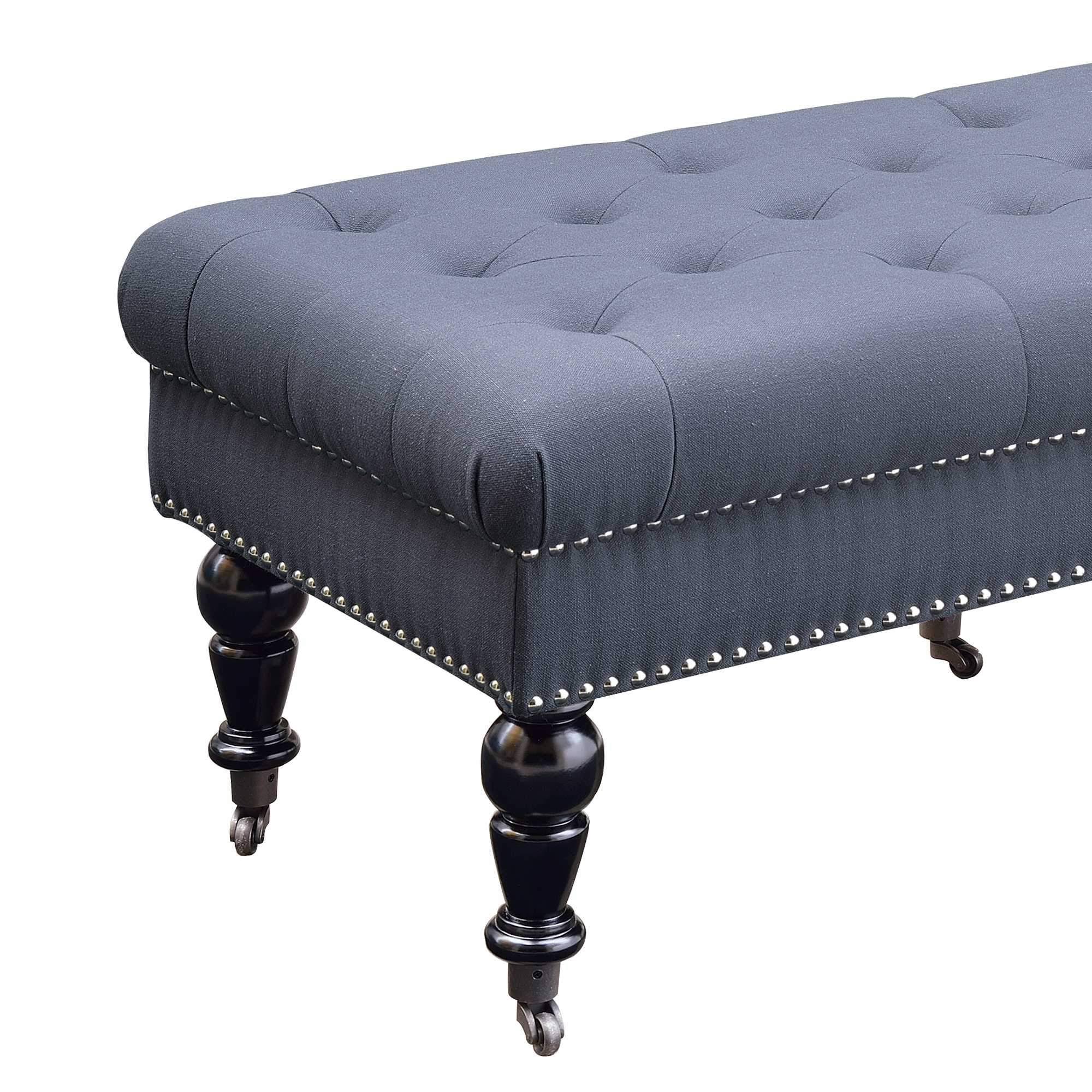 Benzara 50 inch Button Tufted Bench with Caster Wheels Black and Blue