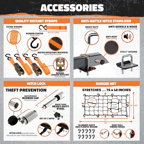 Mockins 16 Cubic Ft. Orange Cargo Carrier Bag & 60"x20"x6" Folding Trailer Hitch Cargo Carrier w/Rear Lights Bundle