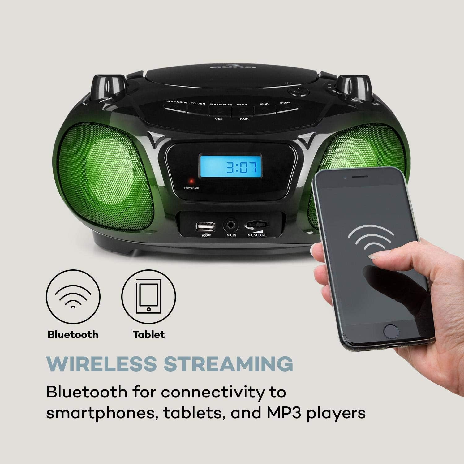 AUNA Roadie Sing - CD Radio, Portable Karaoke, Stereo System, Boombox, CD Player, USB Port, MP3, FM Radio Tuner, Bluetooth 3.0, LED Lighting