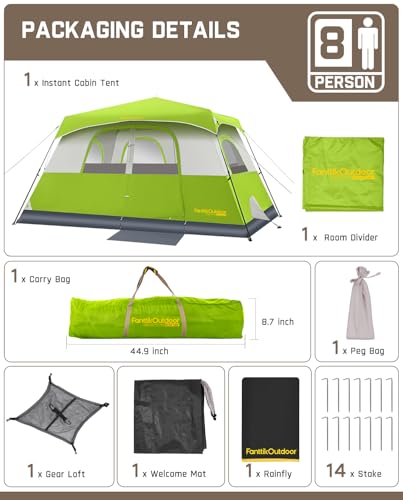 FanttikOutdoor Camping Tent 4/6/8/10 Person Instant Cabin Tent Setup in 60 Seconds with Rainfly & Windproof Portable with Carry Bag for Family