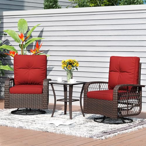 Aoxun 3 Pieces Patio Furniture Set, Patio Swivel Rocker Chairs Set of 2, Wicker Outdoor Bistro Set with Rocking Chair