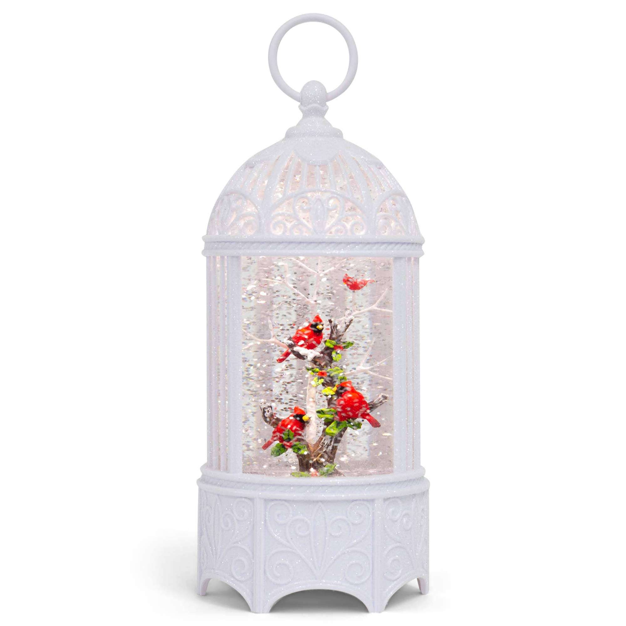 Roman White LED Glitter Swirl Birdcage Lantern with Cardinals