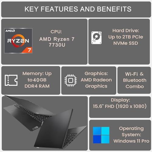 Lenovo V-Series V15 Business Laptop, 15.6" FHD Display, AMD Ryzen 7 7730U, 40GB RAM, 1TB SSD, Numeric Keypad, HDMI, RJ45, Webcam, Wi-Fi