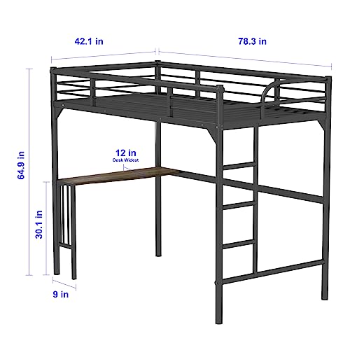 Petfu Loft Bed Twin Size with Desk, Metal Loft Bed Frame with Ladder and Safety Rails, Space-Saving, Noise Free, No Spring Box Needed, Black