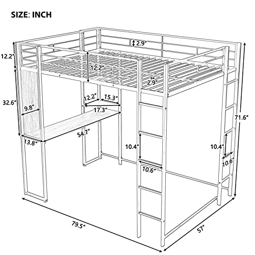 Metal Loft Bed with Wardrobe and L-Shaped Desk, Full Size Loft Bed with Storage Cubes and Shelves, Heavy Duty Loft Bed for Kids Teens, White
