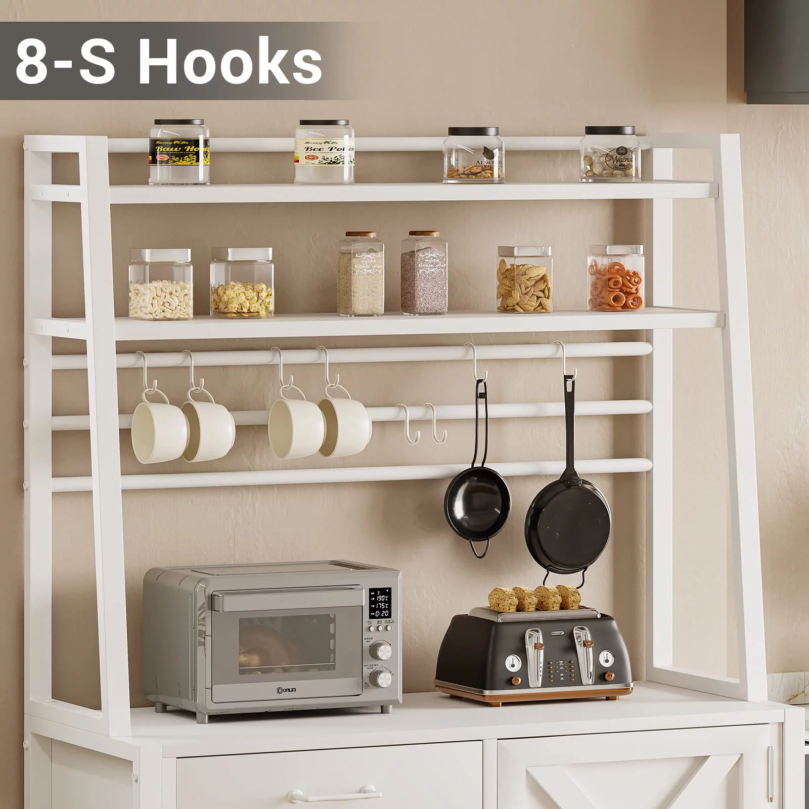 Bakers Racks for Kitchens with Storage, Coffee Bar Cabinet Microwave Stand with Wine Rack, Storage Drawer and 8 Hooks,White