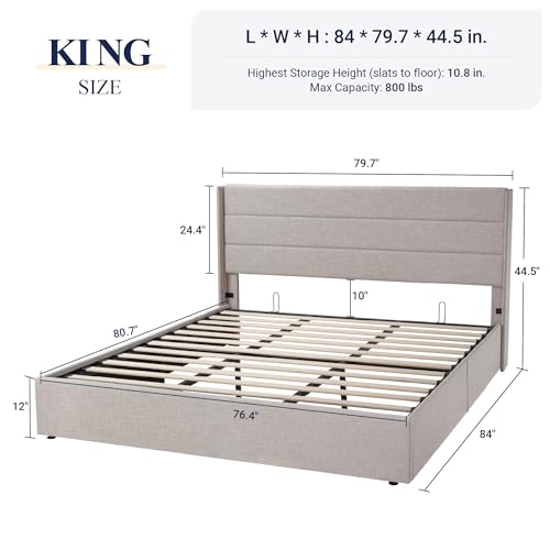Allewie Full Size Lift Up Storage Bed, Modern Wingback Headboard, Hydraulic Support, No Box Spring Needed, Light Beige